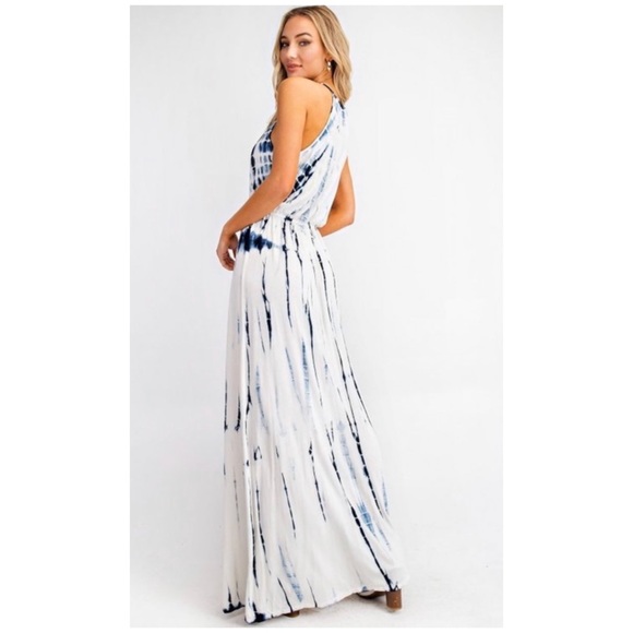 SOLD OUT Boho White & Blue Tie Dye Summer Vacation Long Full Length Maxi Dress - Picture 6 of 8
